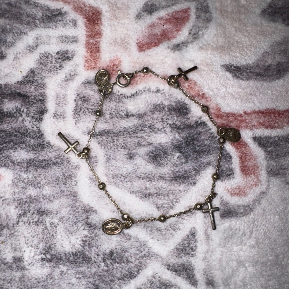 Vintage Italy Sterling Silver 925 Cross & miraculous Medal Bracelet 6.50”L